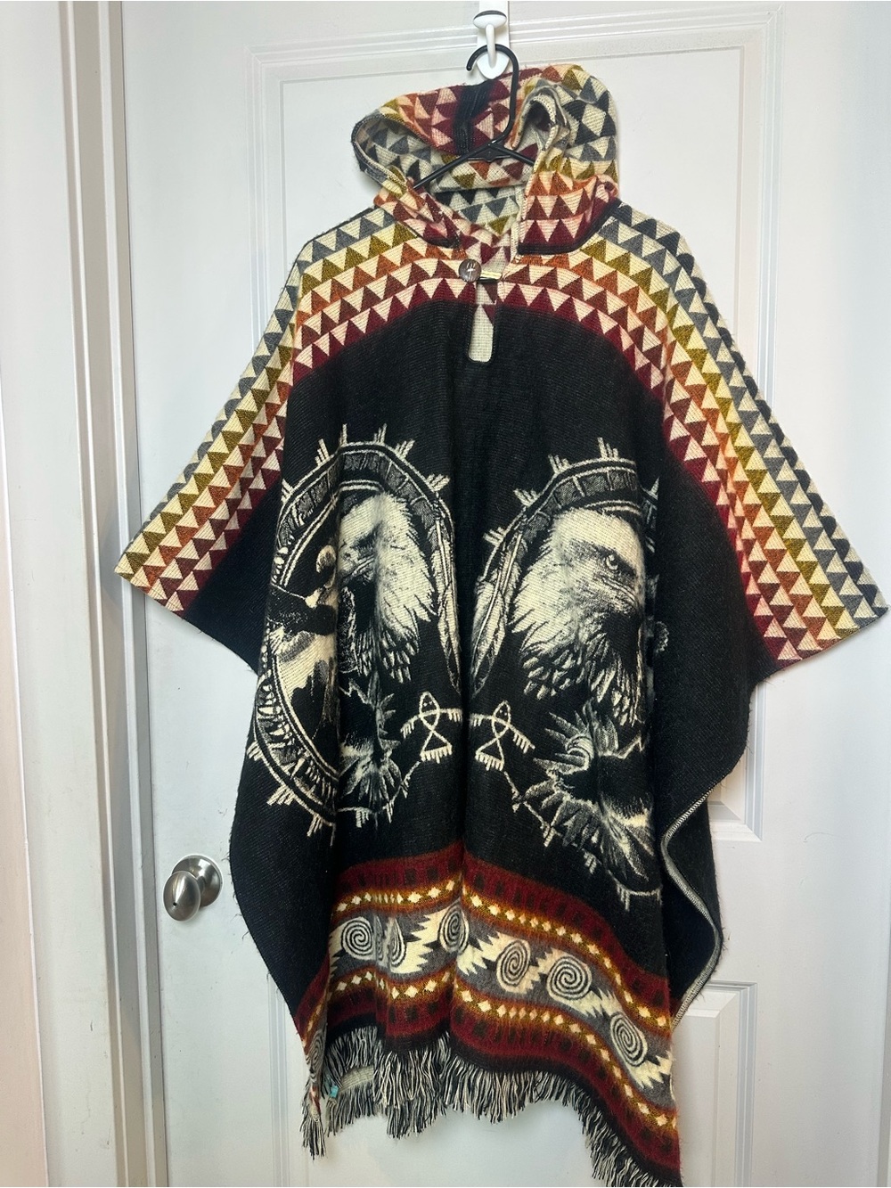 Hand Woven Alpaca Wool Hooded Eagle Poncho, One Size